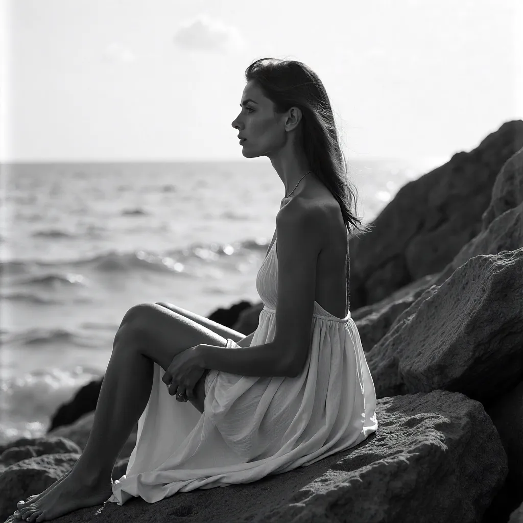 Serene Black-and-White Seascape Portrait on Rocks