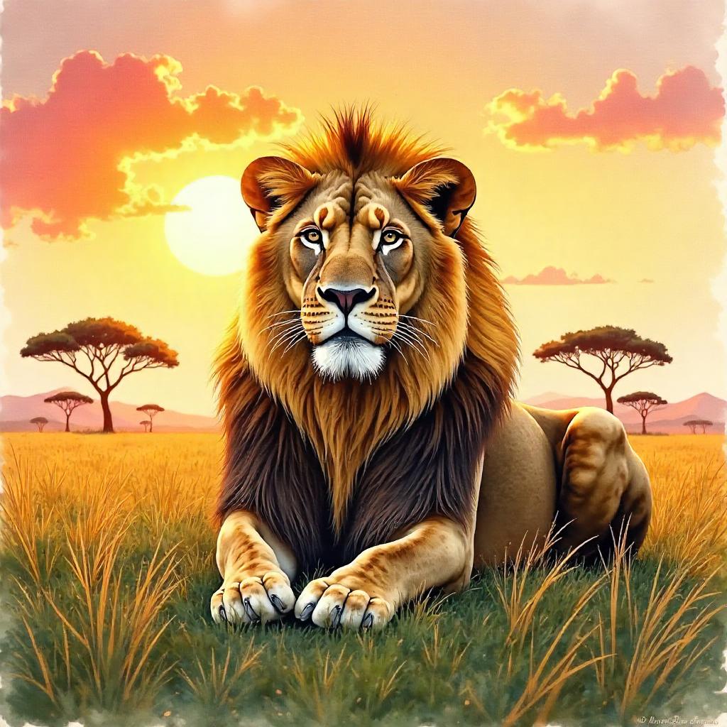 Watercolor Sunset Lion on the Savannah