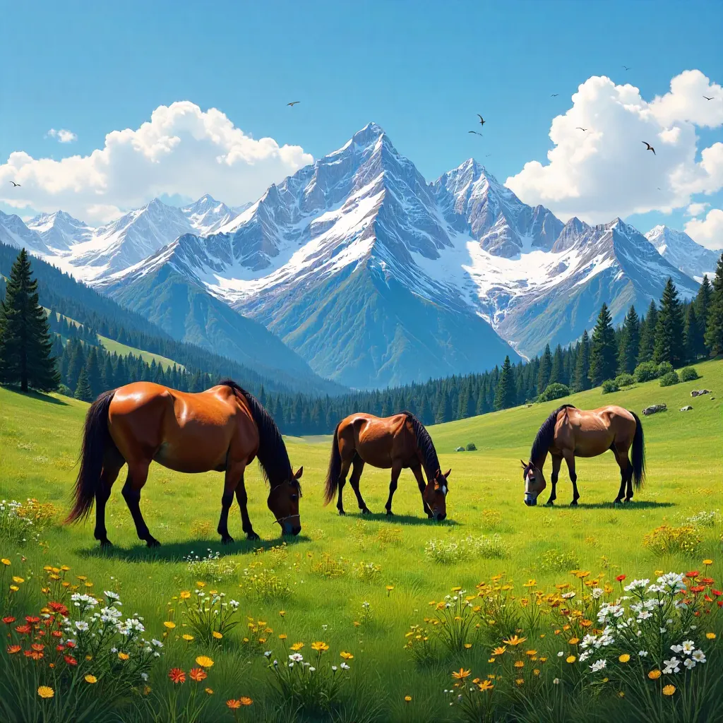 Horses Grazing in Emerald Meadow by Snowy Peaks