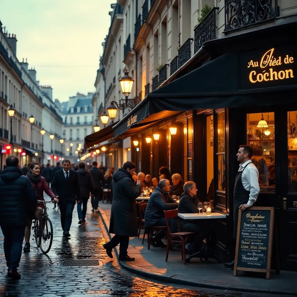 Bustling Paris Street: Au Pied de Cochon Café