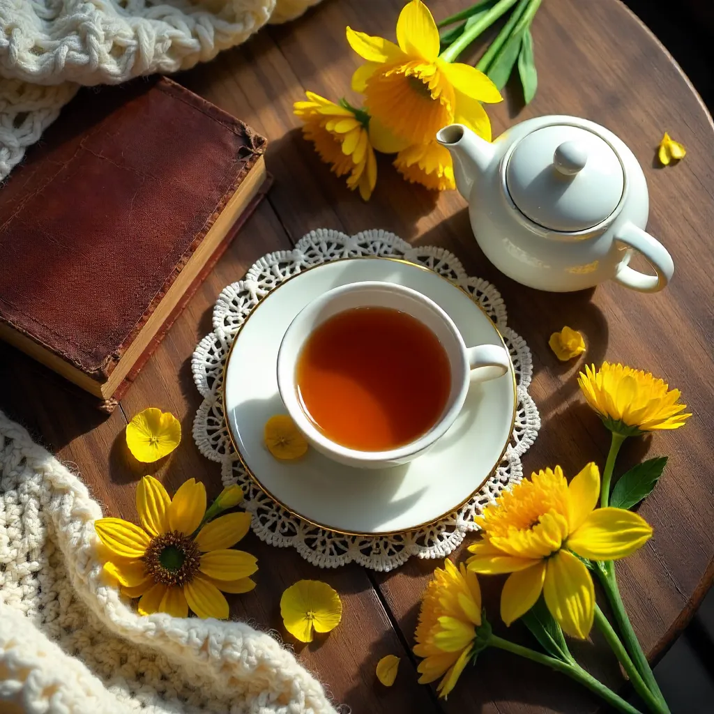Cozy Tea Flat Lay with Vintage Book and Yellow Flowers
