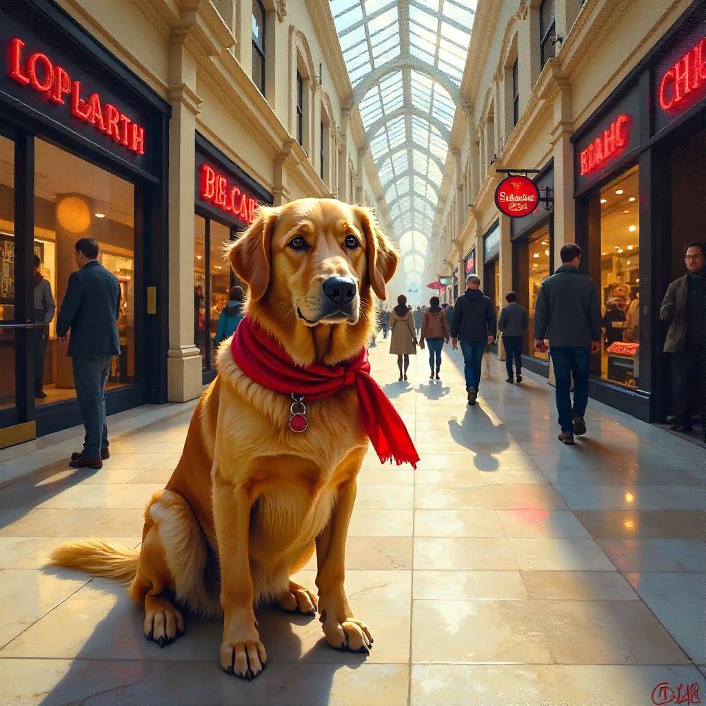 Golden Retriever in a Sunlit Mall — Oil Painting Moment