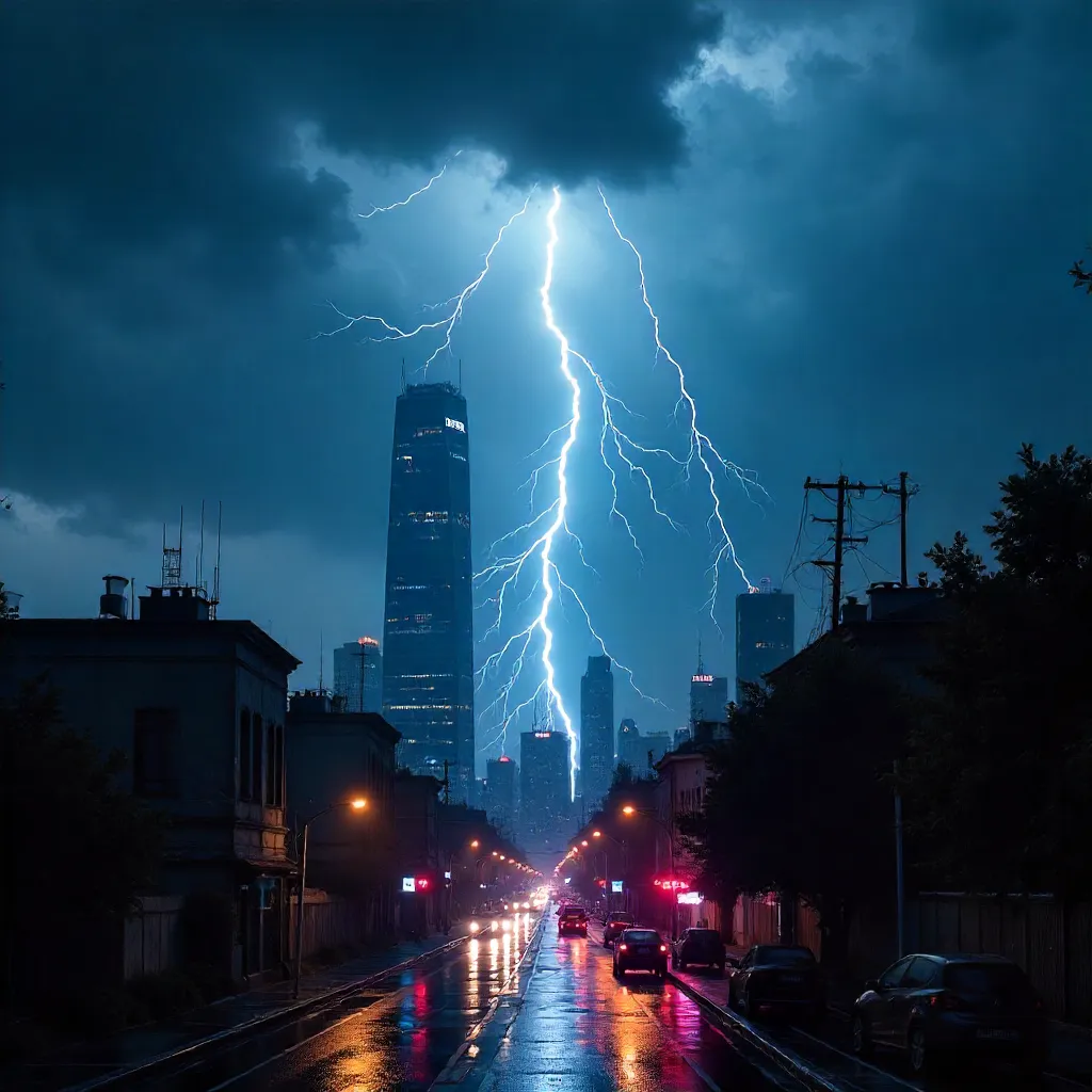 Lightning Over the City at Night
