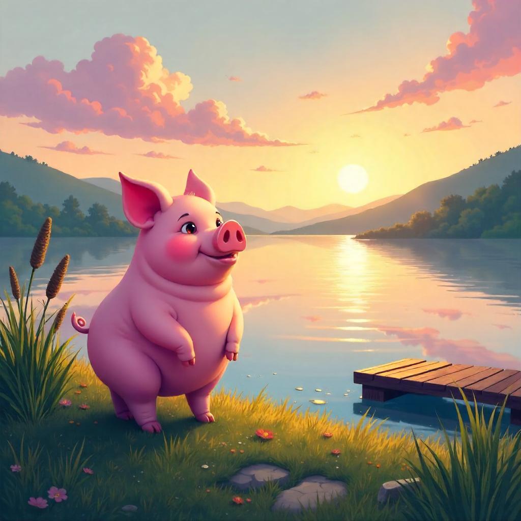 Whimsical Pig by the Lake in Golden Hour Digital Art
