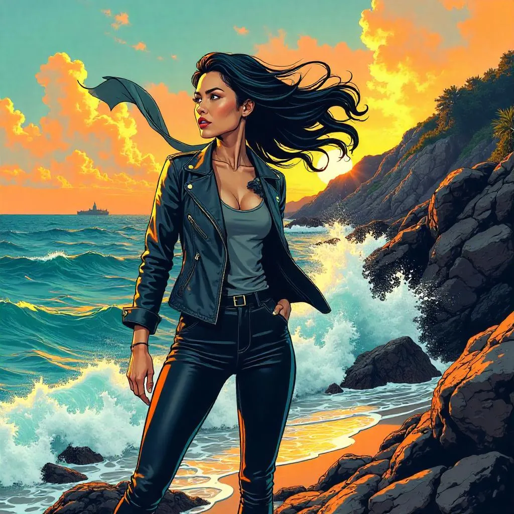 Stylish Asian Woman by the Ocean — Comic Book Style