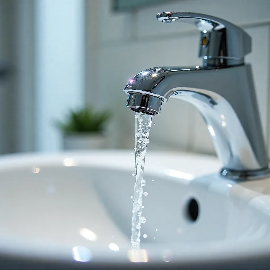 Macro Close-Up: Water Flow from Faucet into Sink