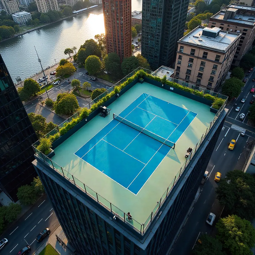 Aerial Rooftop Tennis Court Over Melbourne