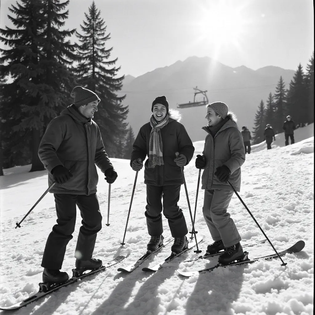 Monochrome Vintage Ski Day on Snowy Slopes