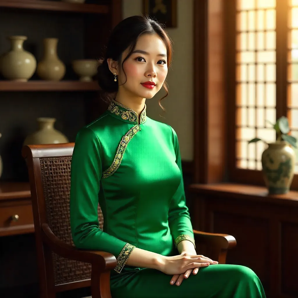 Green Ao Dai Portrait: Vietnamese Heritage Indoors