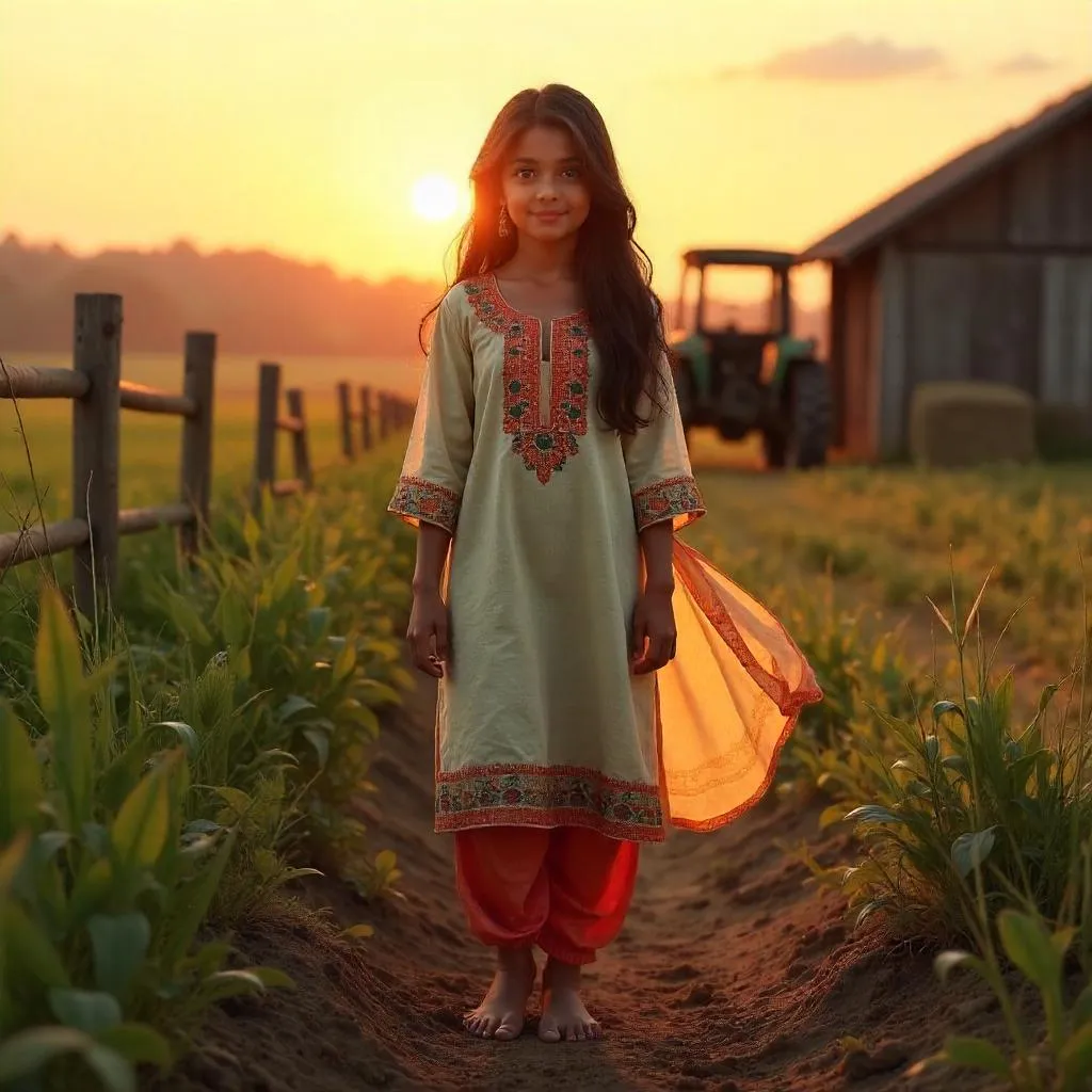Golden Hour on the Farm: Indian Girl 3D Render