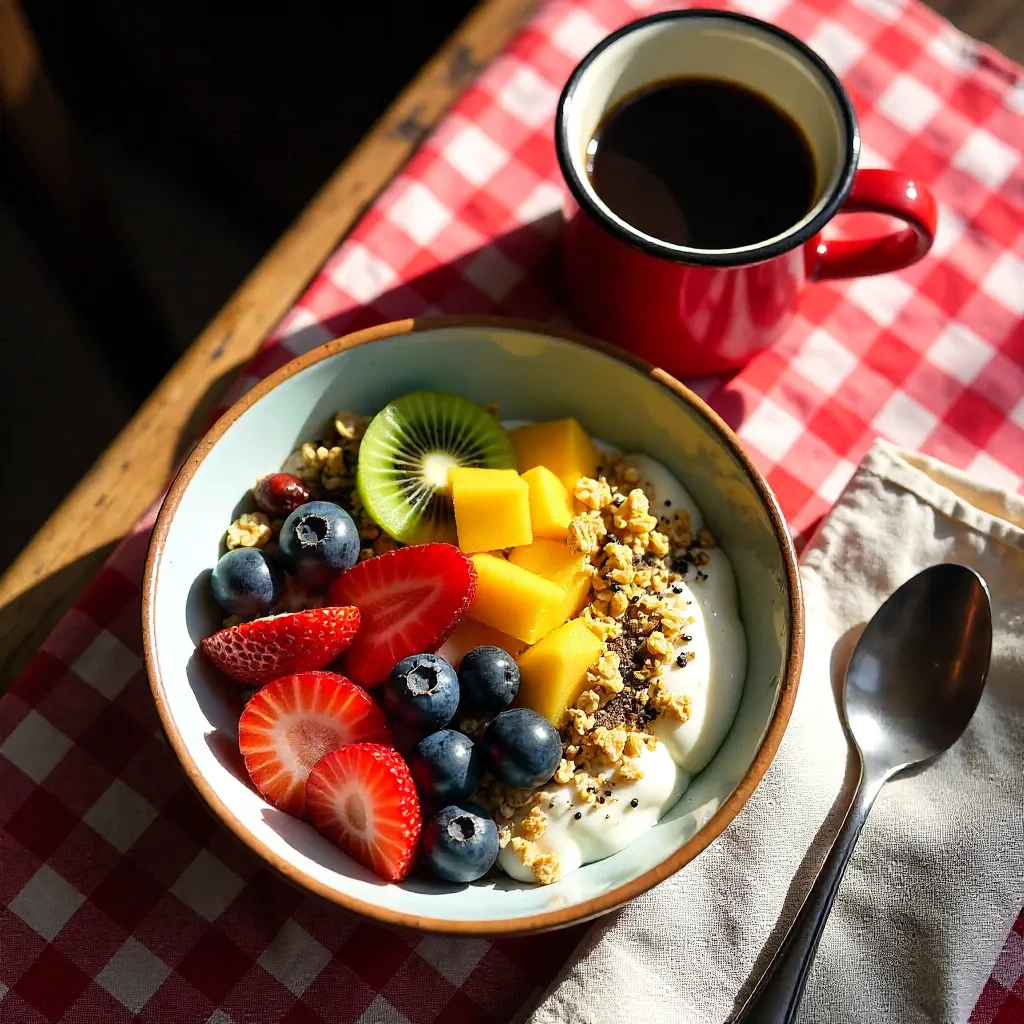 Overhead Cozy Breakfast Bowl on Red Checkered Tablecloth