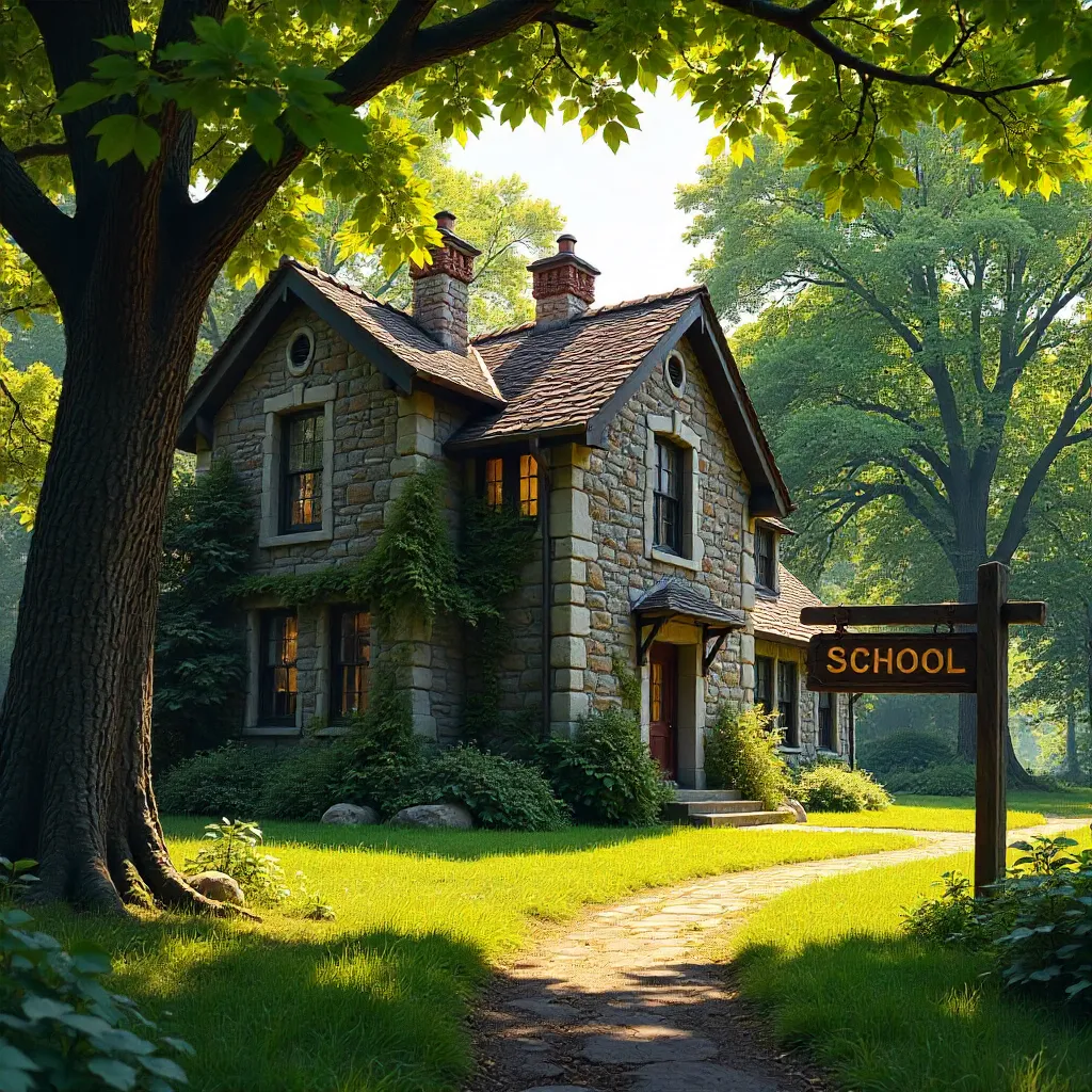 Hidden Stone School Among Verdant Trees