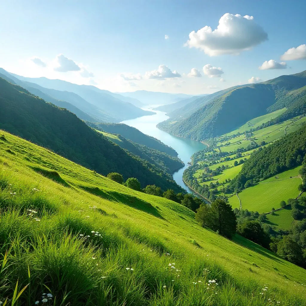 Blue Sky Over Bidarray: Green Hills and Misty Valleys