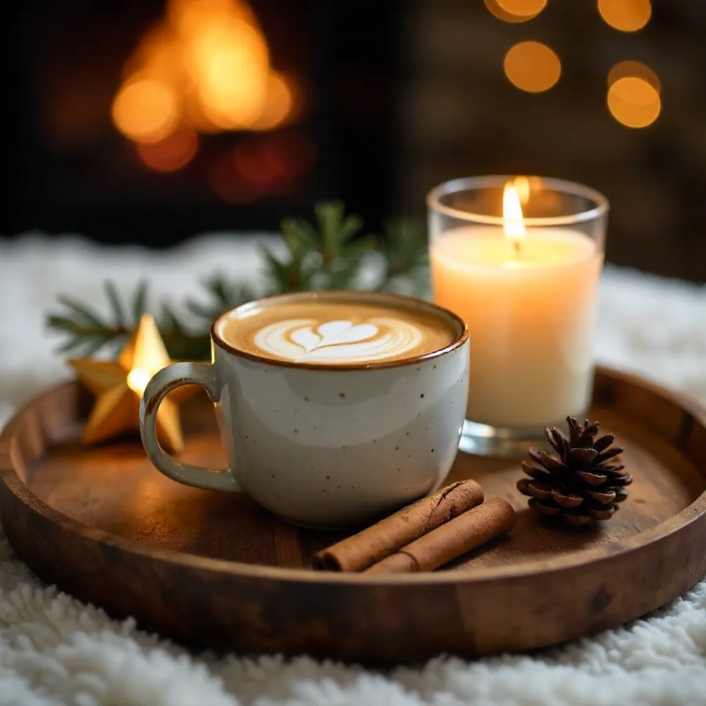 Cozy Latte Setup on a Wooden Tray with Star Decor