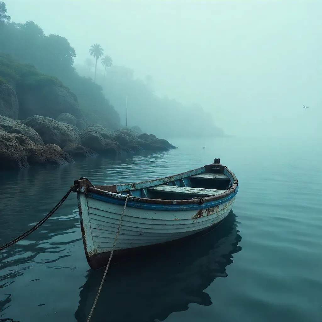 Mist-Shrouded Boat at Antonina Harbor, Brazil