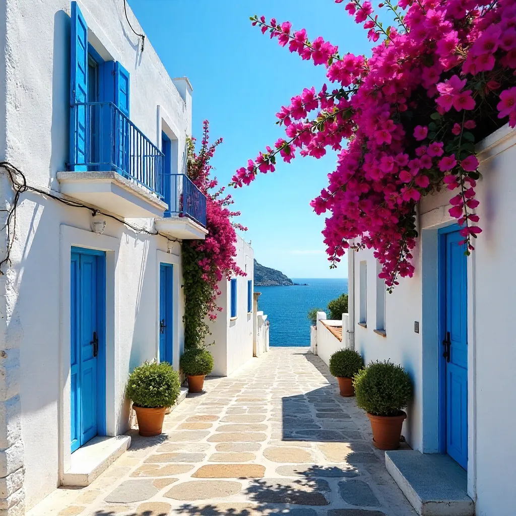 Bougainvillea over White Greek Architecture