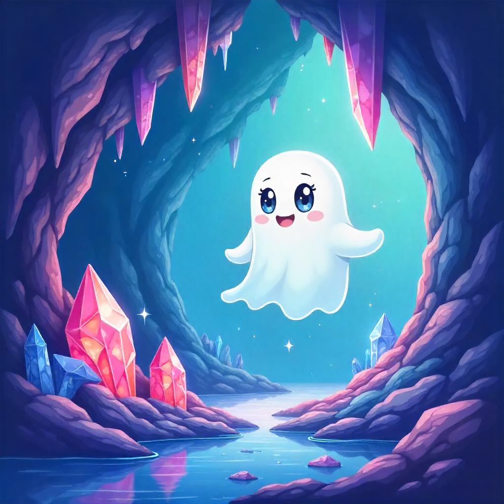 Playful Cartoon Ghost in a Crystal Cave