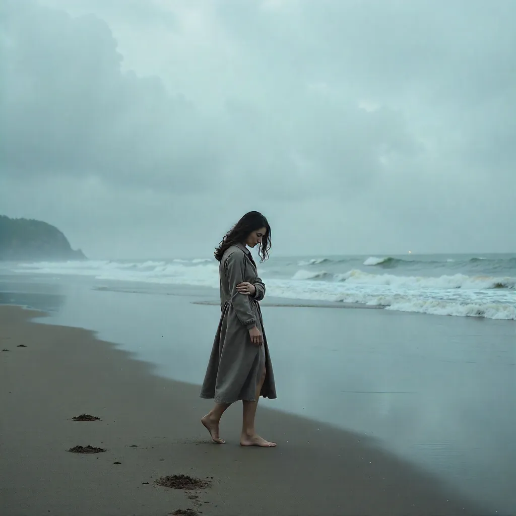 Solitary Walk on Secluded Beach Under Cloudy Skies