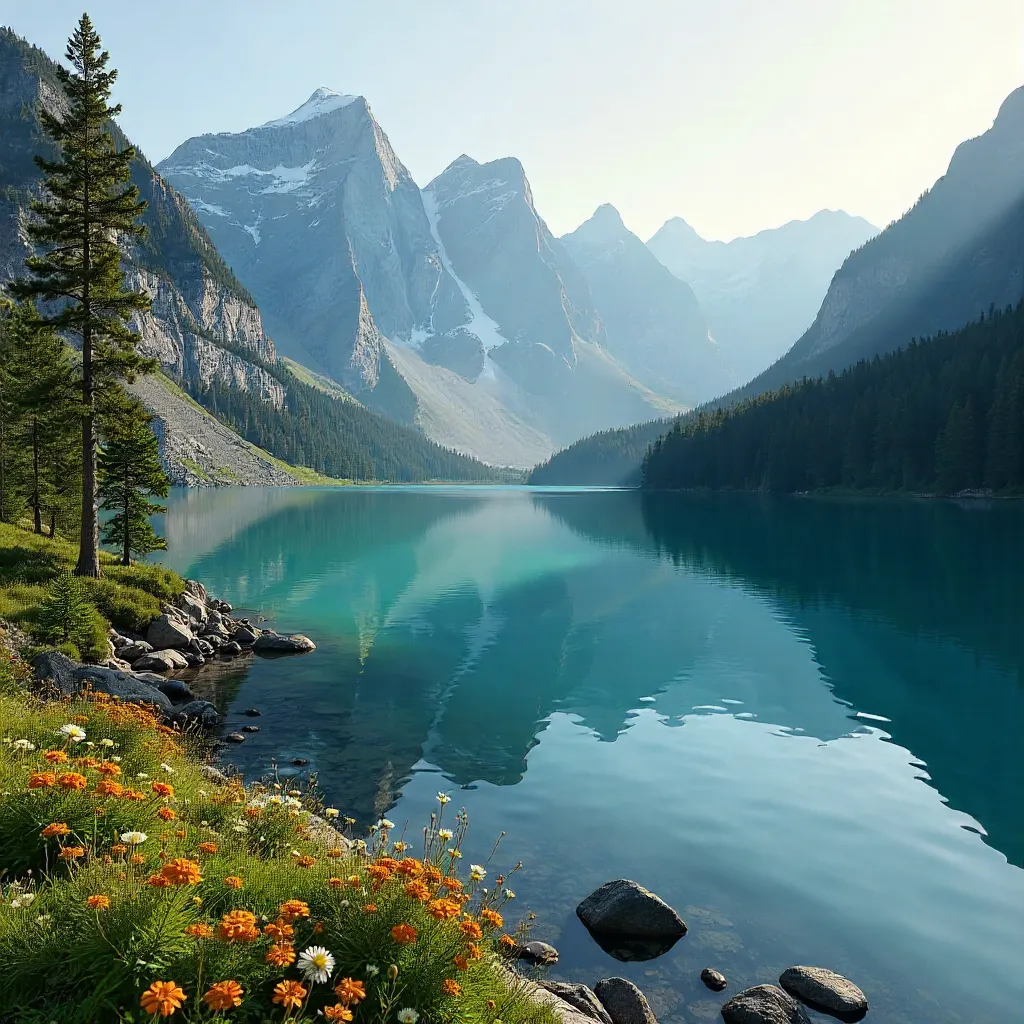 Alpine Lake Reflections: Snowy Peaks and Lush Valleys