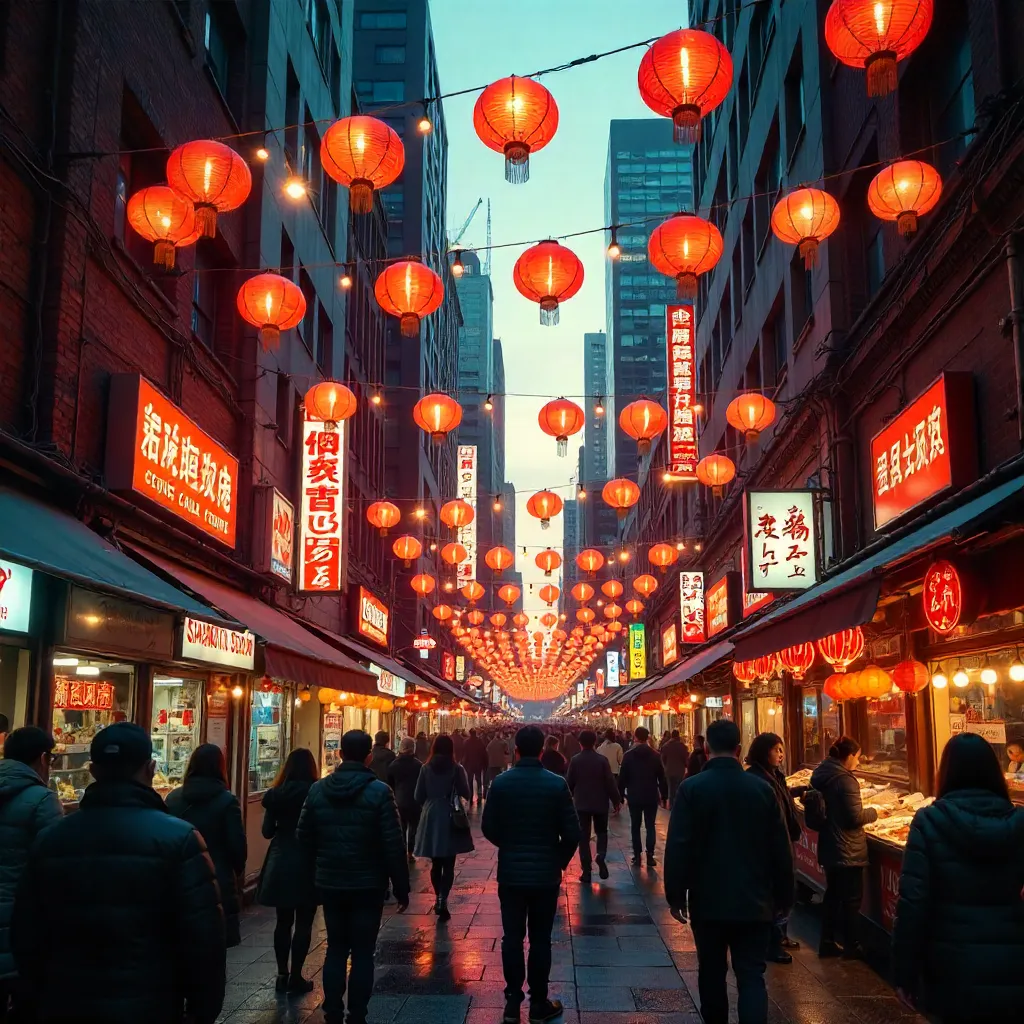 Colorful Red Lanterns Over a Neon City Street