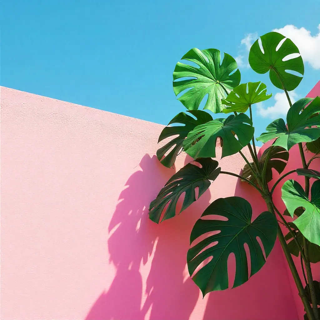 Modern Pink Wall with Sky and Plant