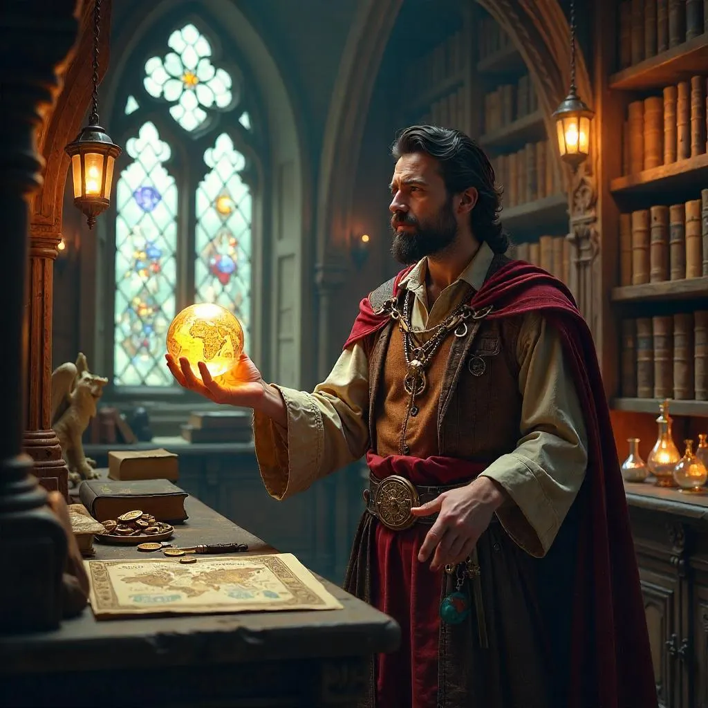 Photorealistic Merchant in a Magical Library
