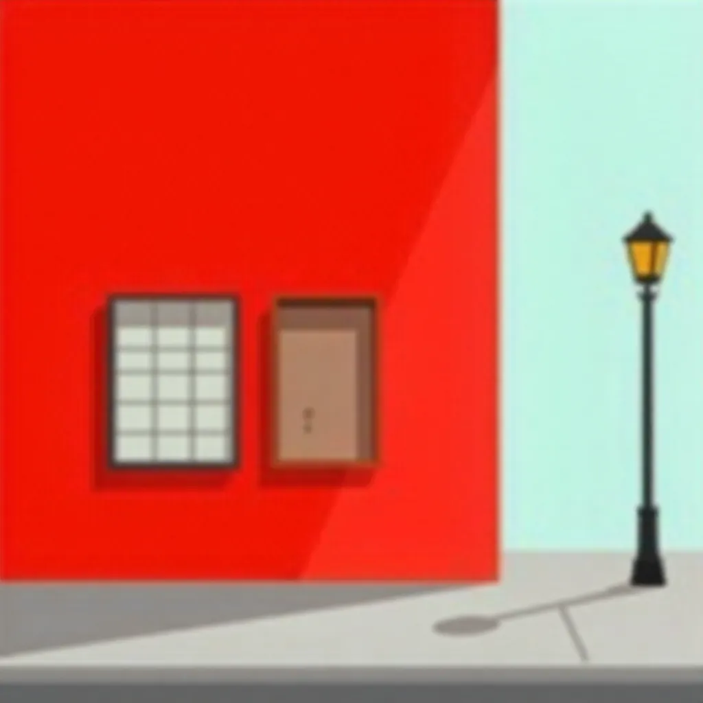 Minimalist Red Wall with Windows and Street Lamp