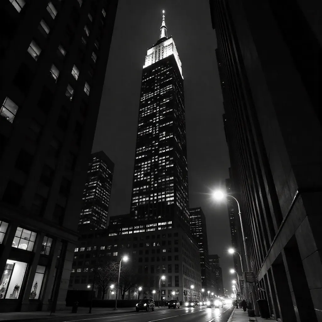 Noir Night: Bright Skyscraper Framed by Shadowed Towers