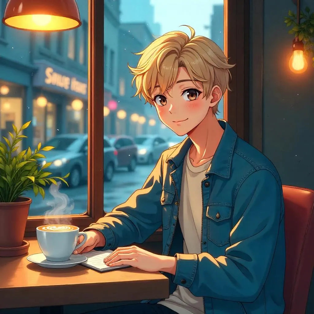Anime-Style Cafe Portrait of a Young White Man