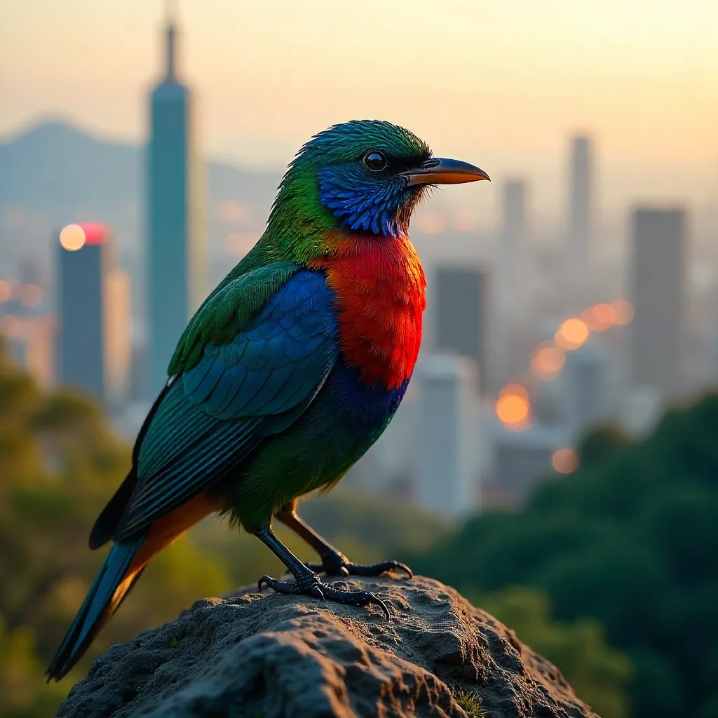 Iridescent Bird on Rock in Taipei City Skyline