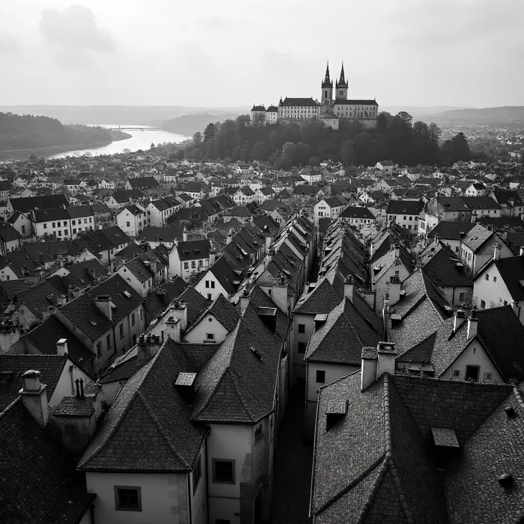 Monochrome Aerial: Český Krumlov Rooftops