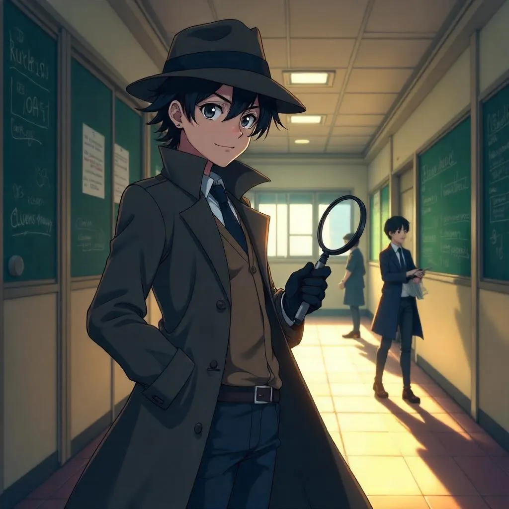 Anime Detective in a School Hallway – Mysteries Unfold