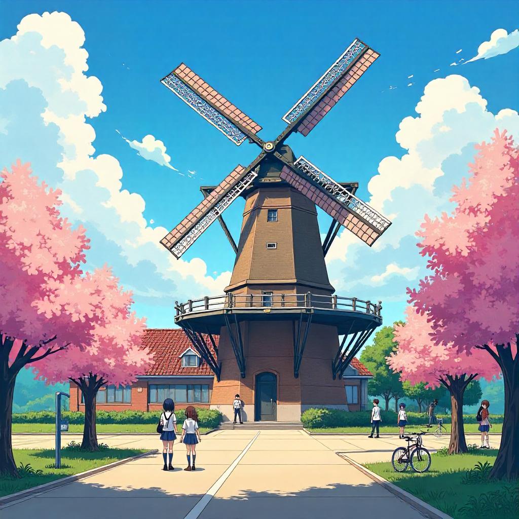 Anime Windmill on a Bright School Campus