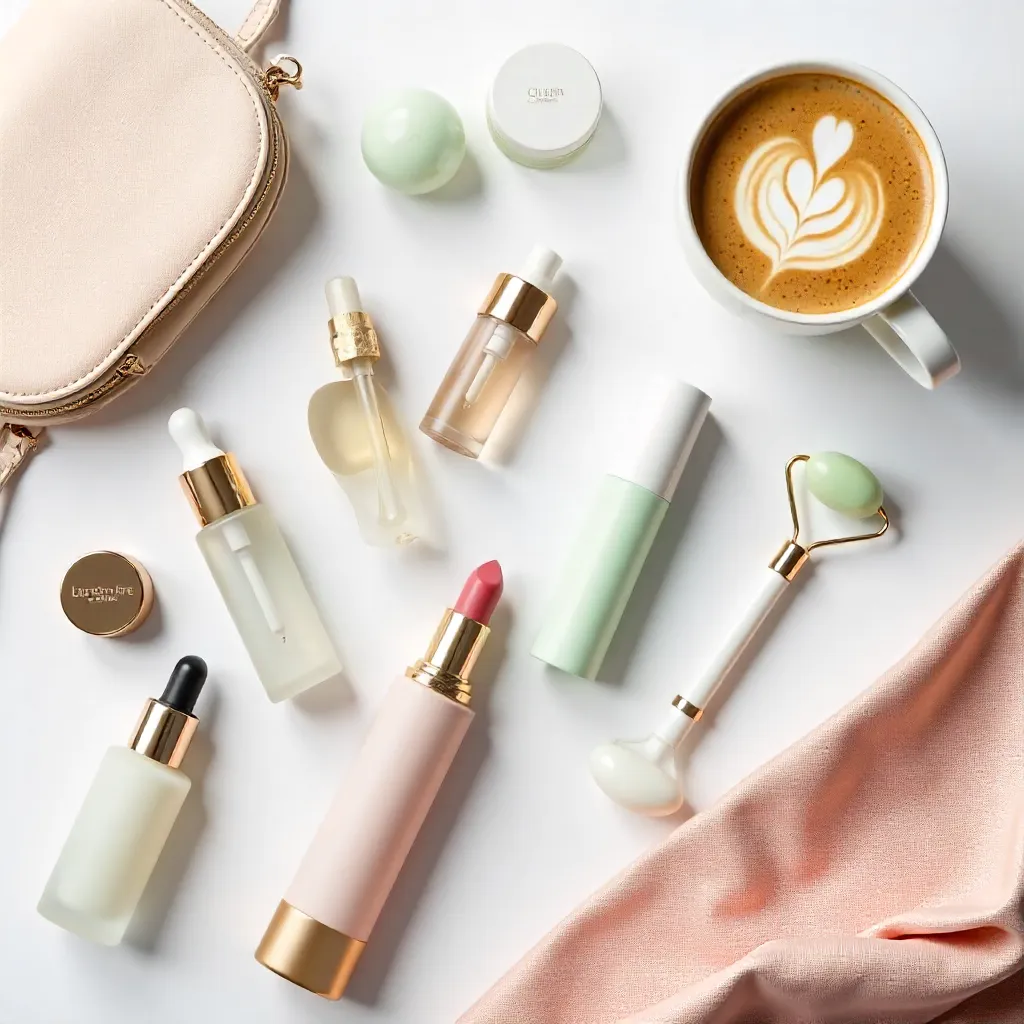 Flat lay: Asian cosmetics, coffee, bag, clothing