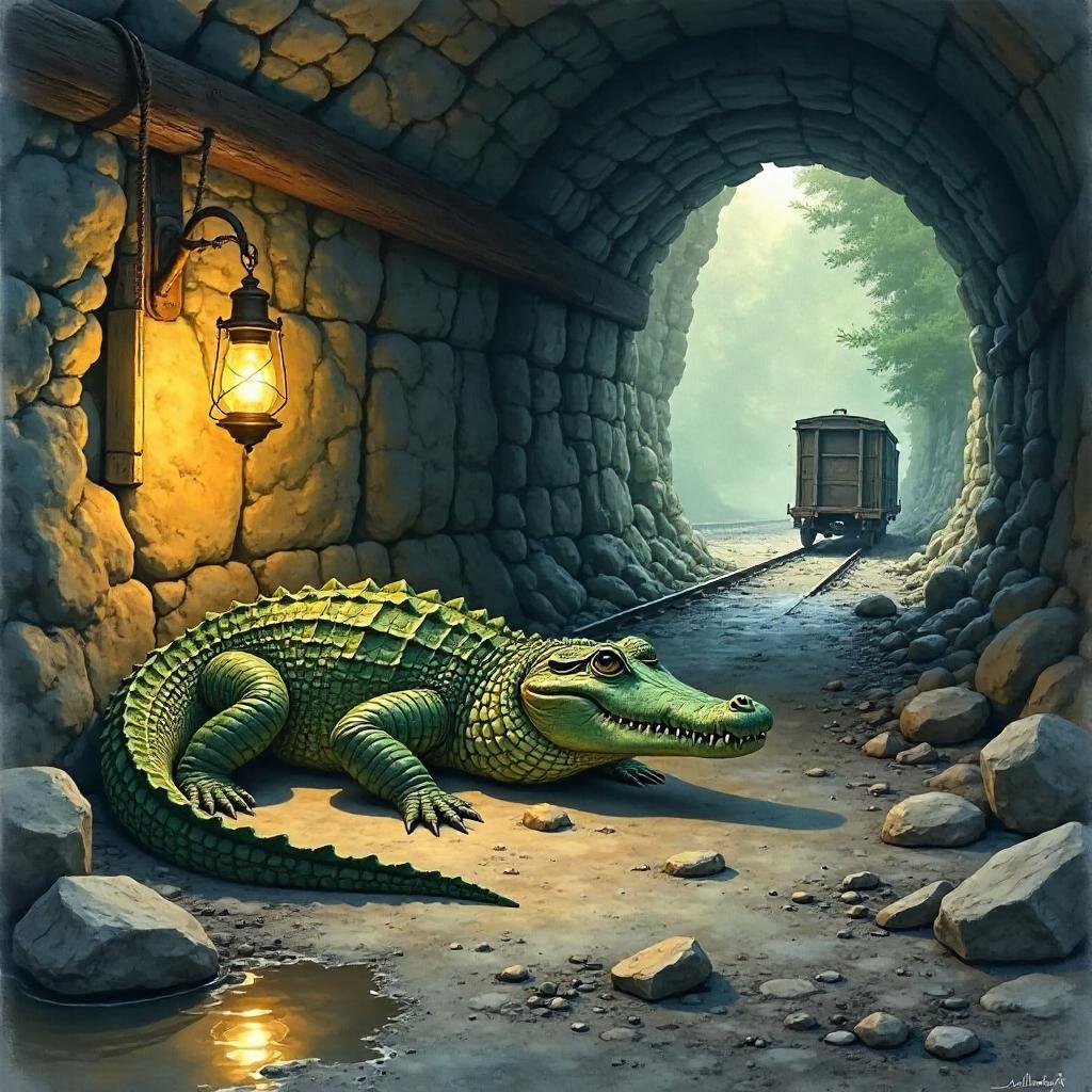 Crocodile in the Mine: A Watercolor Dream