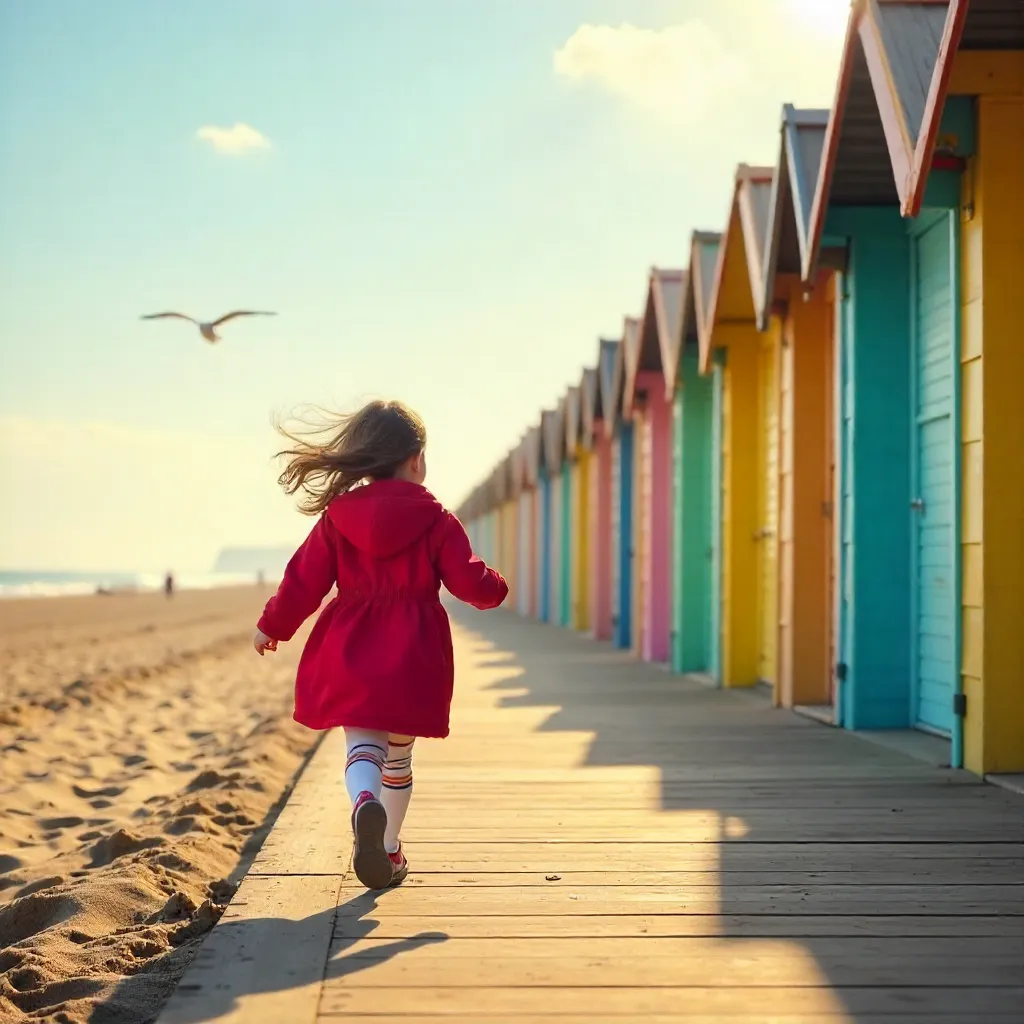 Red-Coated Girl Among Colorful Beach Cabins at Saint-Pair-sur-Mer