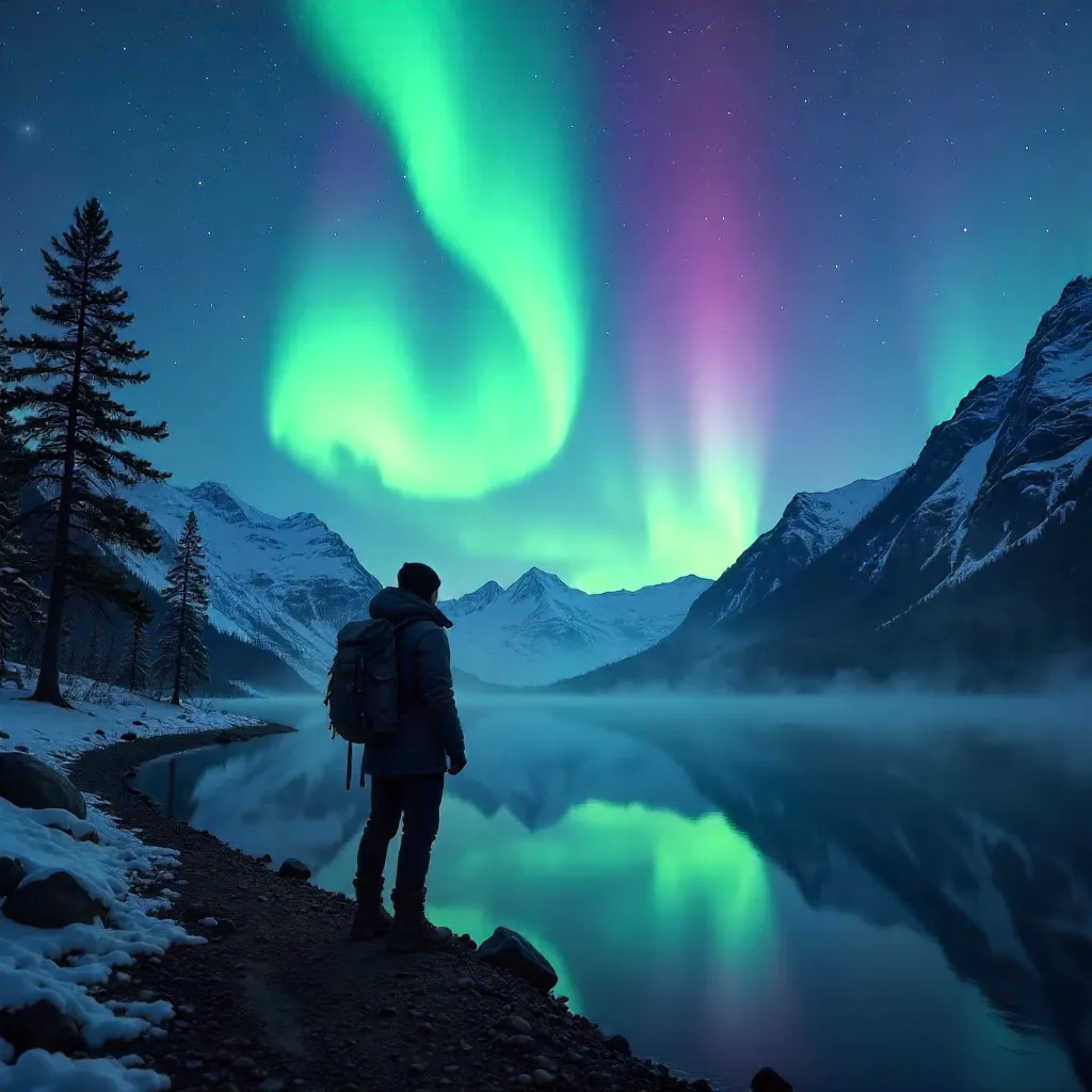 Traveler Under Aurora Borealis Reflected on Water