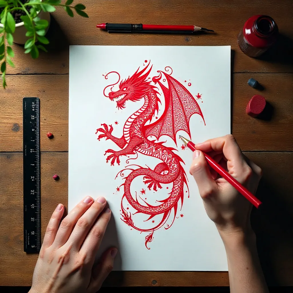 Top-Down Red Dragon Tattoo Sketch
