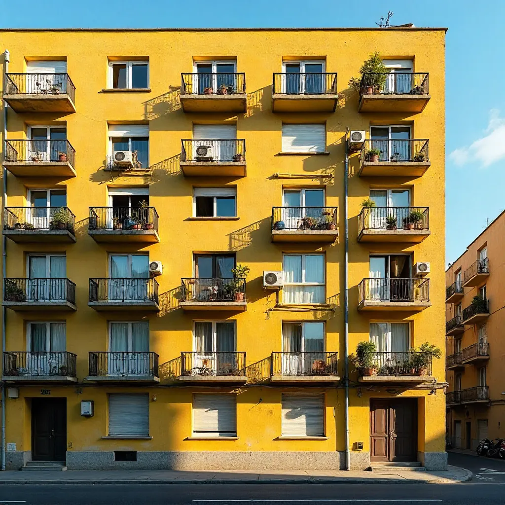Yellow Apartment Facade with Balconies and Windows