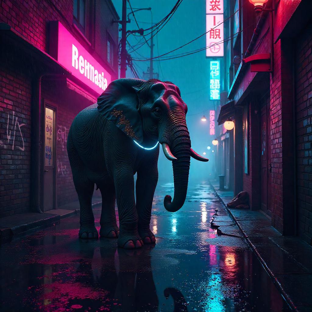 Neon Alley Elephant: Cyberpunk Digital Art