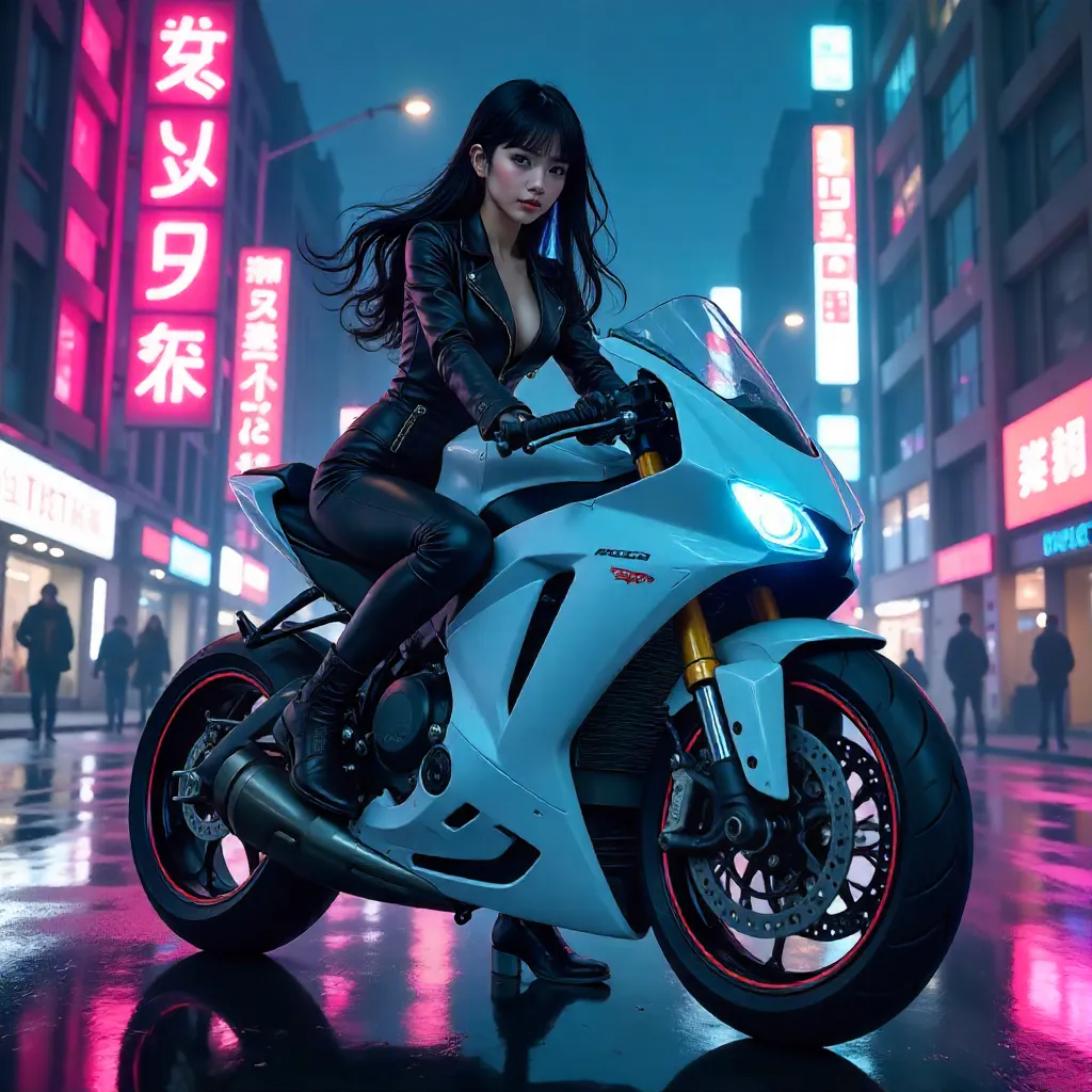 Elegant Asian Woman on a Neon Night Motorcycle