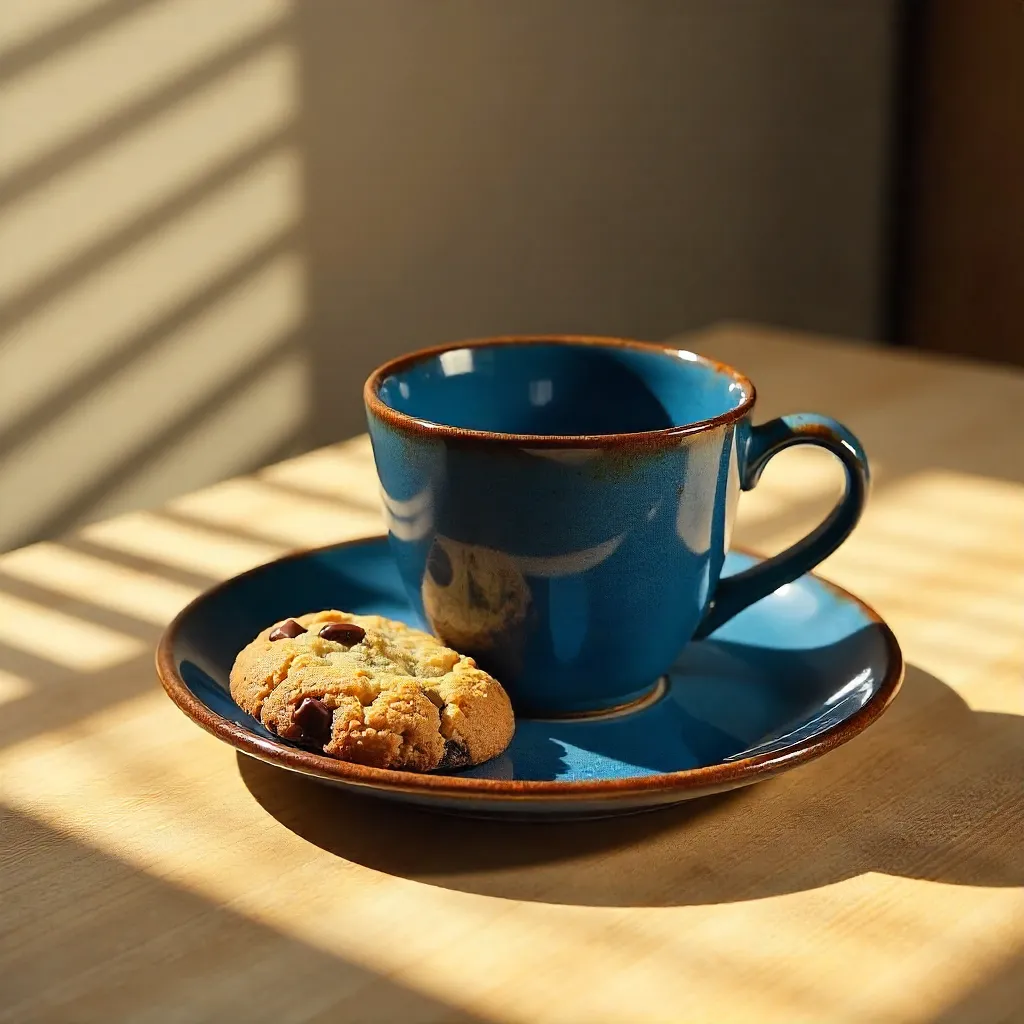 Sunlit Blue Coffee Cup with Cookie on Plate