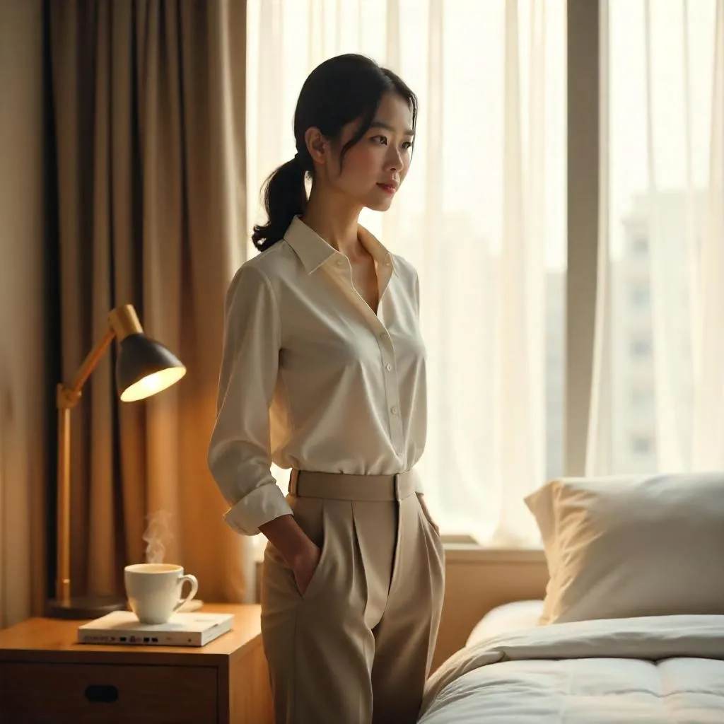 Photorealistic Portrait of an Adult Asian Woman in a Hotel Room