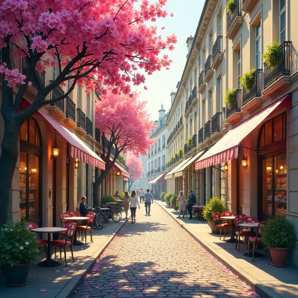 Springtime Street: Blossoms and Historic Facades