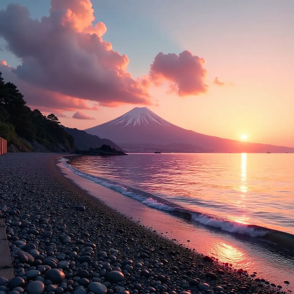 Sunset Over Mount Fuji from Fujisawa with Pink Clouds