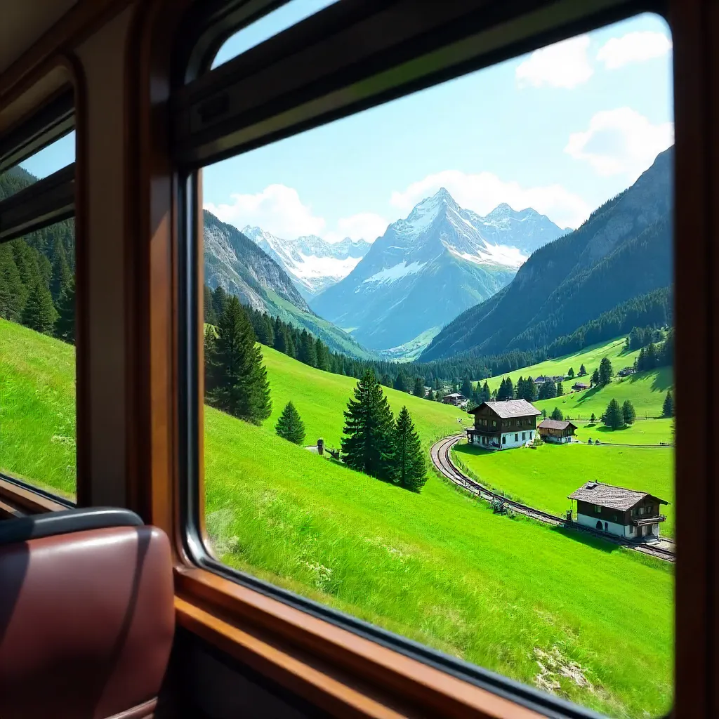 Swiss Train Window: Alpine Valleys and Green Hills