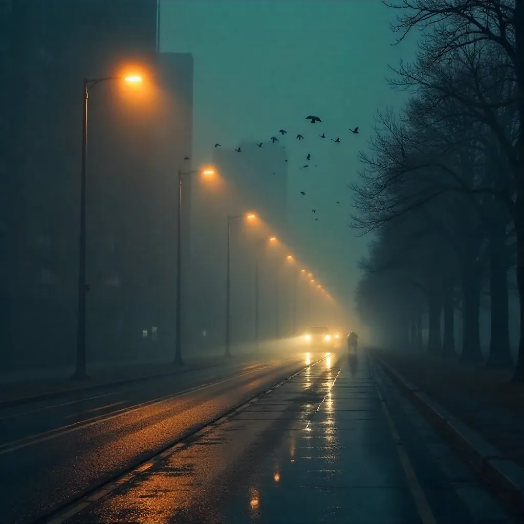 Fogbound Street: Cars, Birds, and Amber Halos