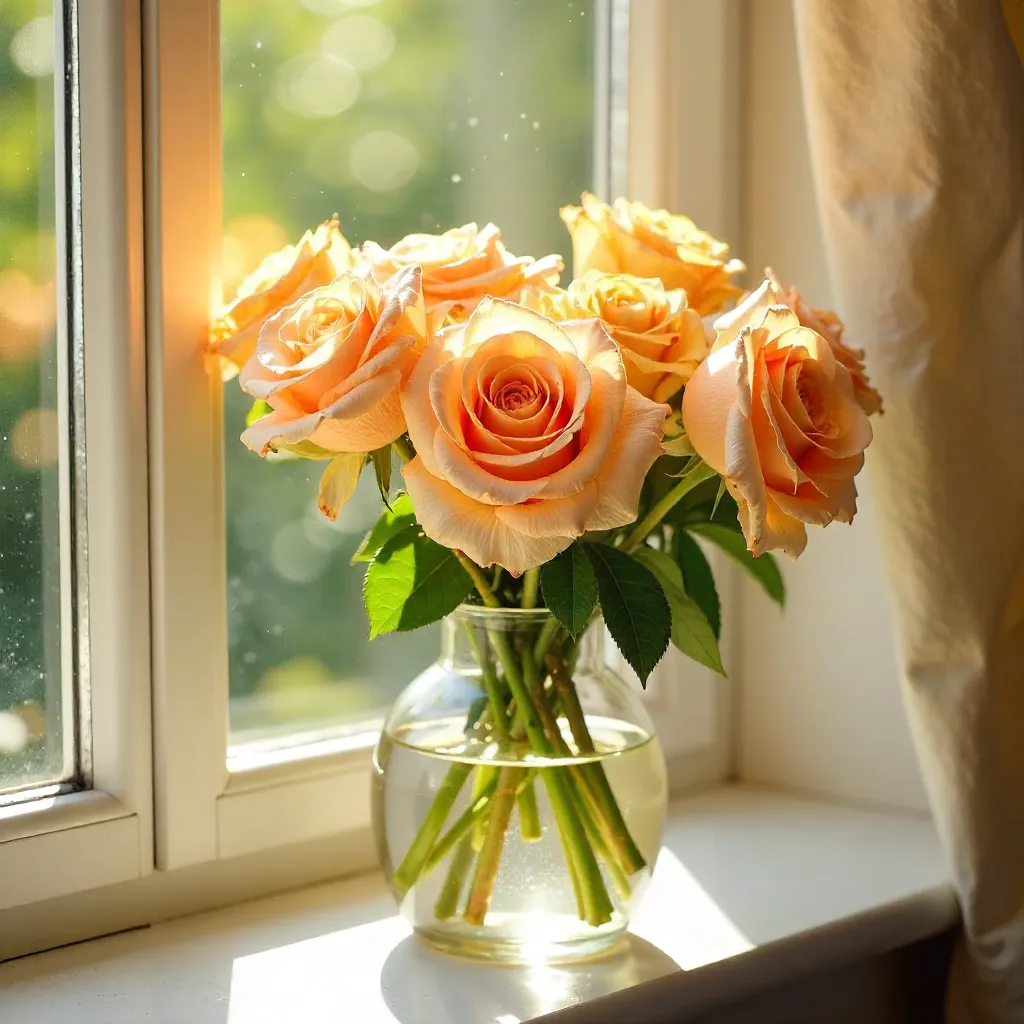 Sunlit Window Roses: Peach and Yellow Bloom