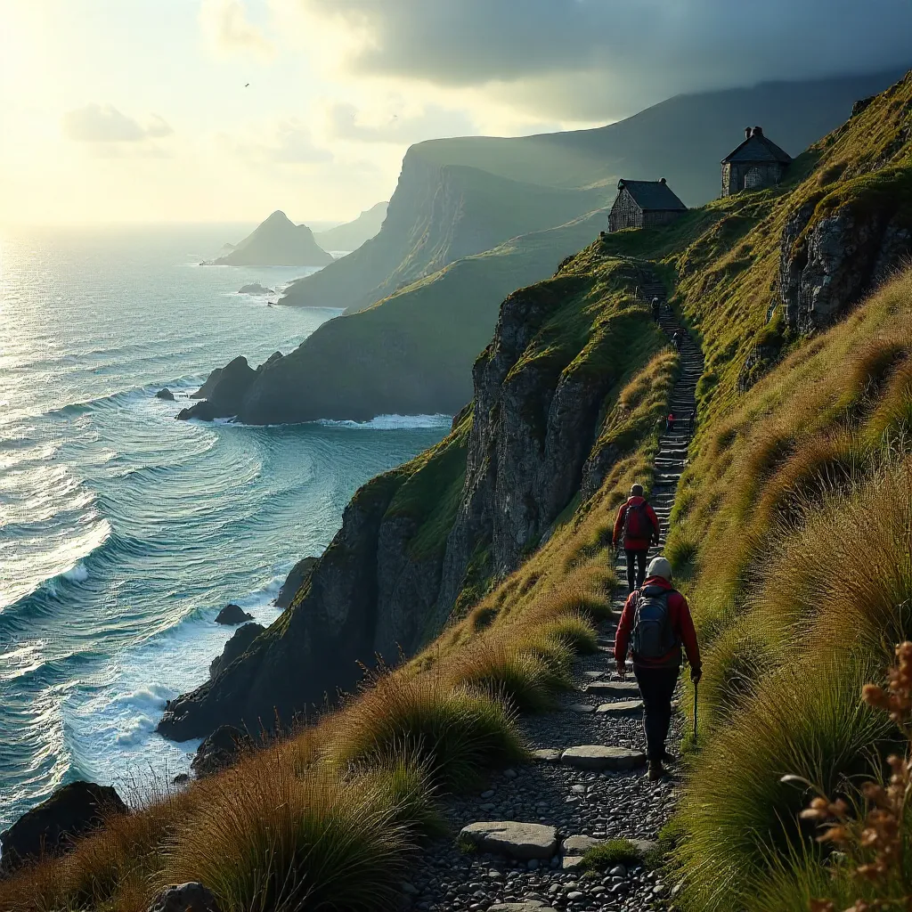 Hikers on Skellig Michael: Cliffs and Atlantic