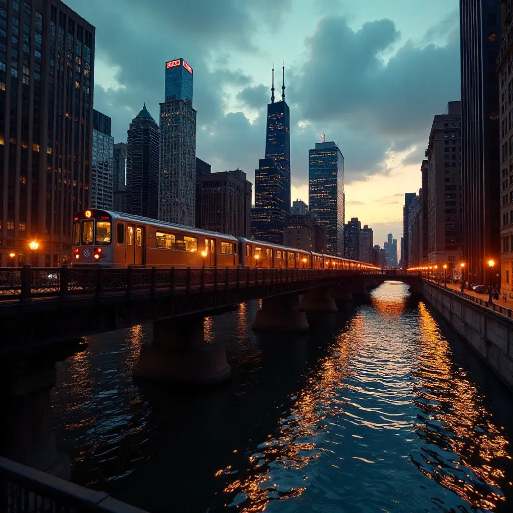 Twilight Chicago L Crossing Wells Street Bridge